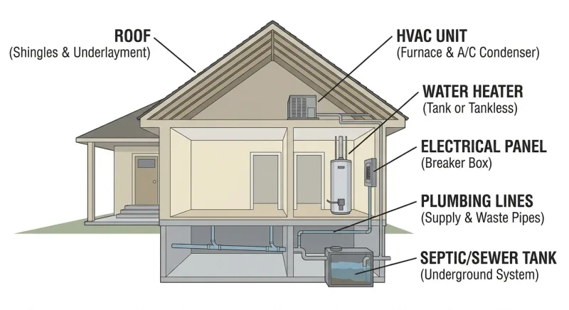 House cutaway illustration labeling the HVAC, roof, electrical, plumbing, water heater, and septic systems disclosed in Section A