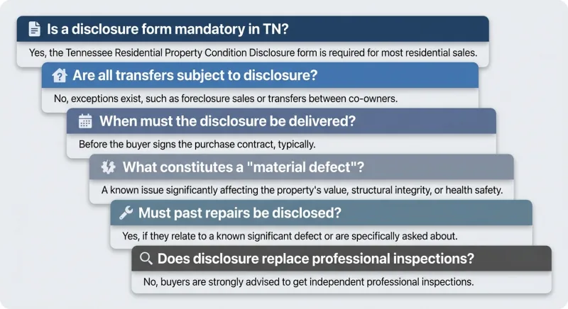 Infographic summarizing frequently asked questions about completing the Tennessee disclosure form without an agent